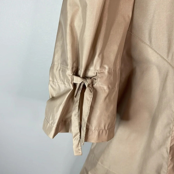 VINTAGE Mulberry Street Tan Nylon Long Trench Coat Hood Pockets Puff Shoulder 8 - Picture 6 of 15